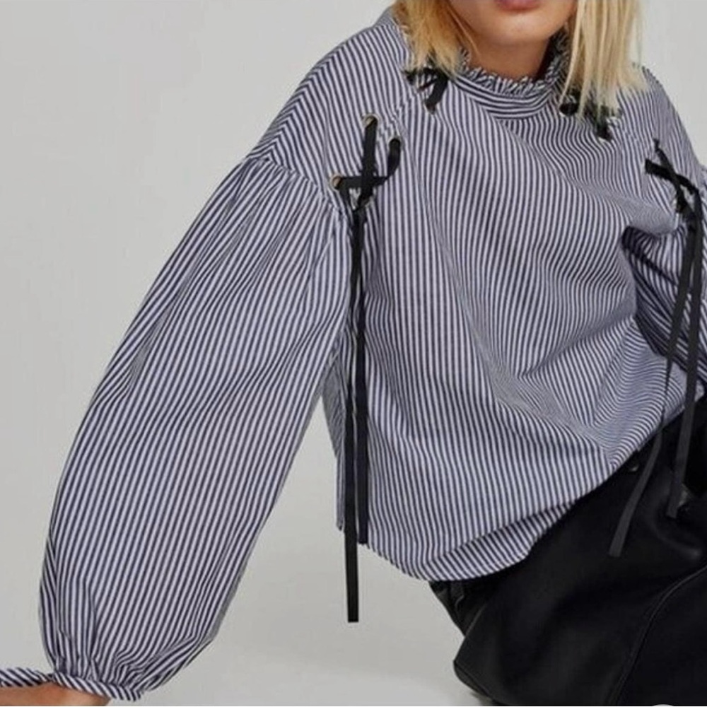 ZARA Stripped Puff Sleeve Ruffle Trim Top